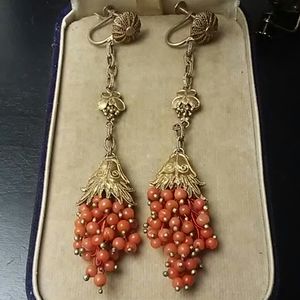 Antique Victorian Gold Gilt Coral Earrings
